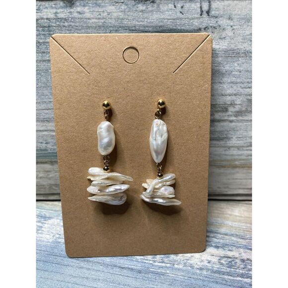 Pearl Baroque‎ Ladder Drop EARRINGS Dangle Gold Tone Ball Post MWOT - Picture 1 of 7